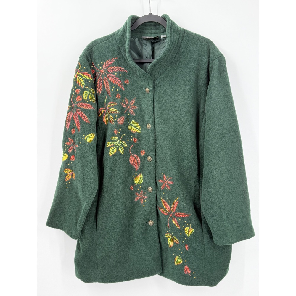 Bob Mackie Wearable Art Fleece Jacket Womens sz 2X Green Embroidered Leaf Fall